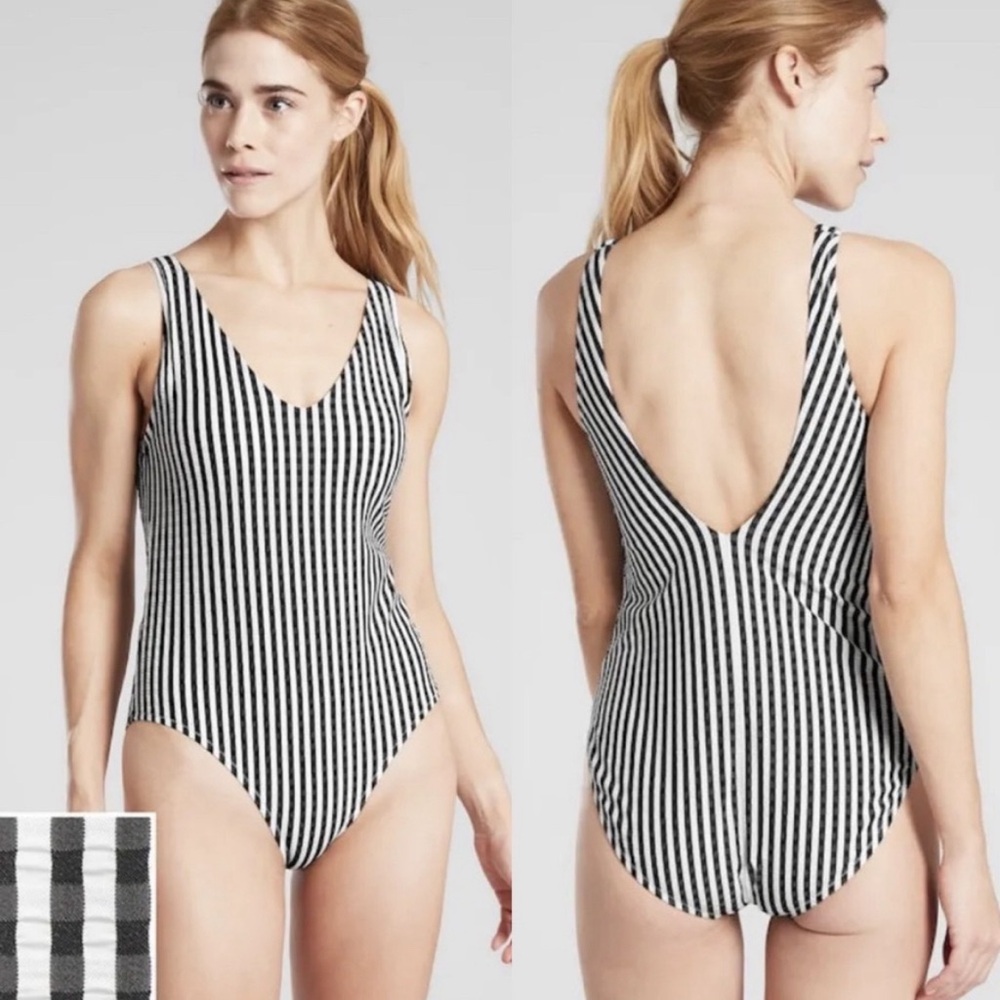 Athlete striped seersucker v-neck swimsuit